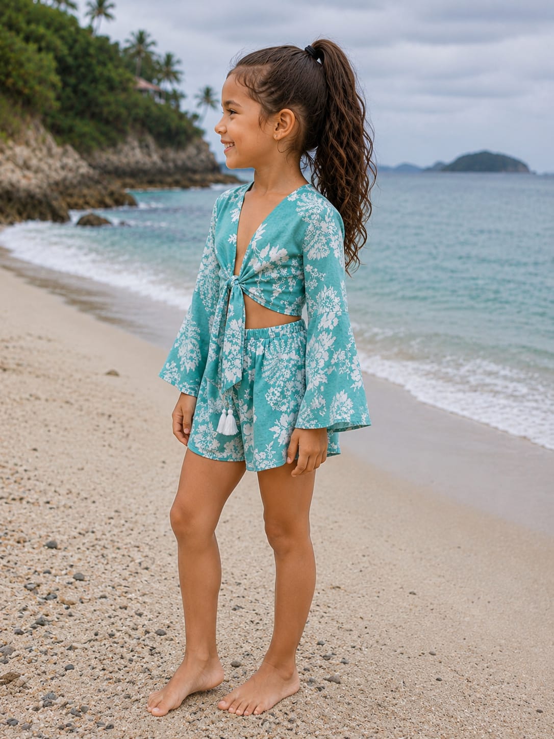 Girl’s Aqua Blue Floral Printed Cotton Beach Wear Set with Bell Sleeve Tie-Up Top & Tassel Shorts