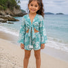 Girl’s Aqua Blue Floral Printed Cotton Beach Wear Set with Bell Sleeve Tie-Up Top & Tassel Shorts