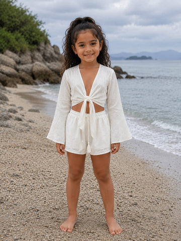 Girl’s White Embroidered Cotton Beach Wear Set with Bell Sleeve Tie-Up Top & Tassel Shorts