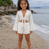 Girl’s White Embroidered Cotton Beach Wear Set with Bell Sleeve Tie-Up Top & Tassel Shorts