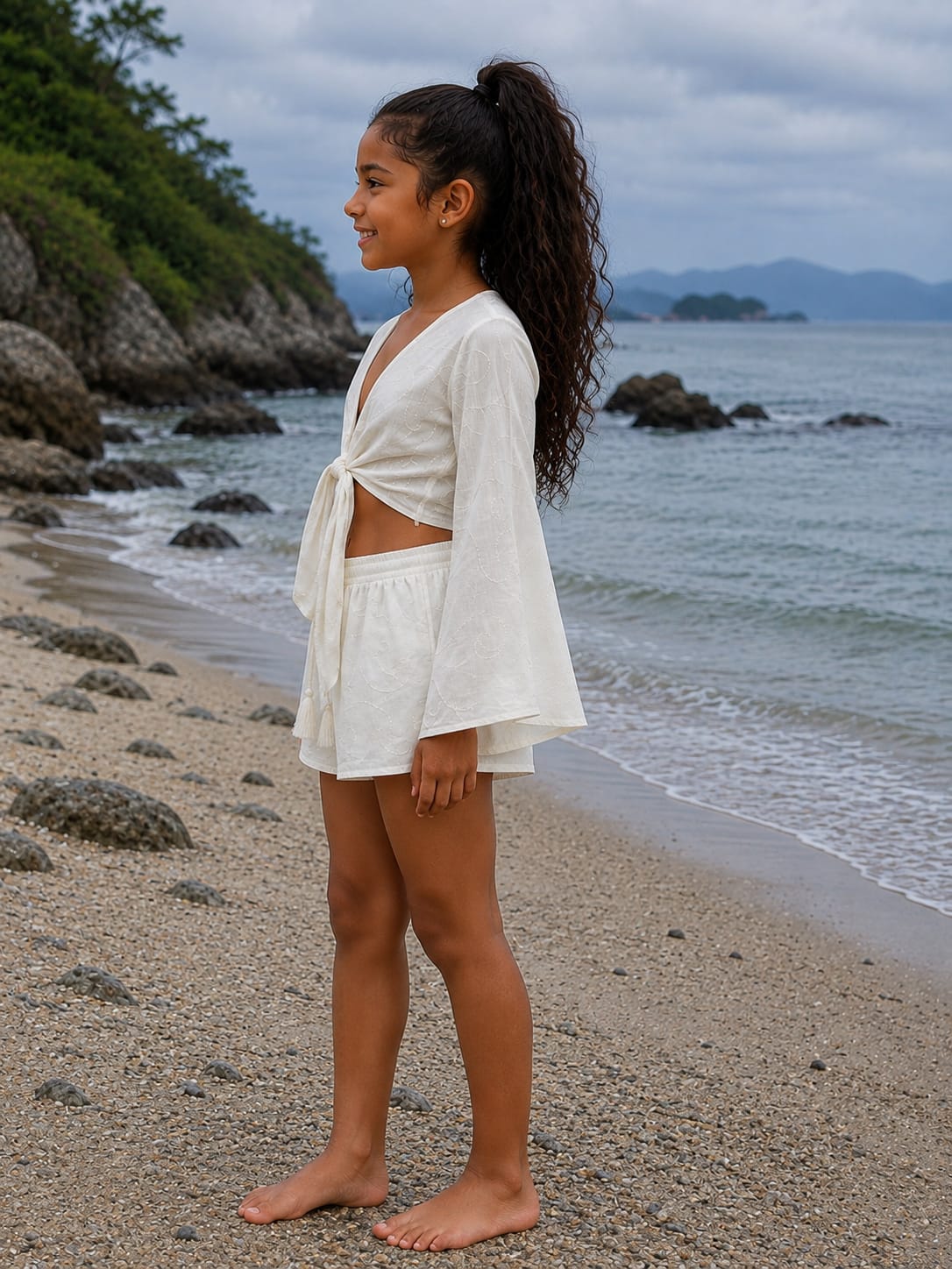 Girl’s White Embroidered Cotton Beach Wear Set with Bell Sleeve Tie-Up Top & Tassel Shorts