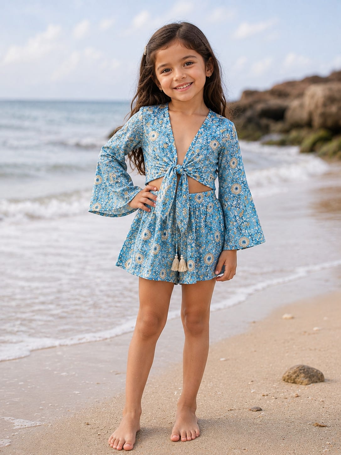 Girl’s Sky Blue Floral Printed Cotton Beach Wear Set with Bell Sleeve Tie-Up Top & Tassel Shorts