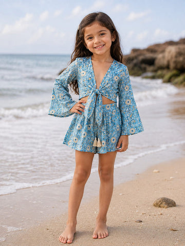 Girl’s Sky Blue Floral Printed Cotton Beach Wear Set with Bell Sleeve Tie-Up Top & Tassel Shorts