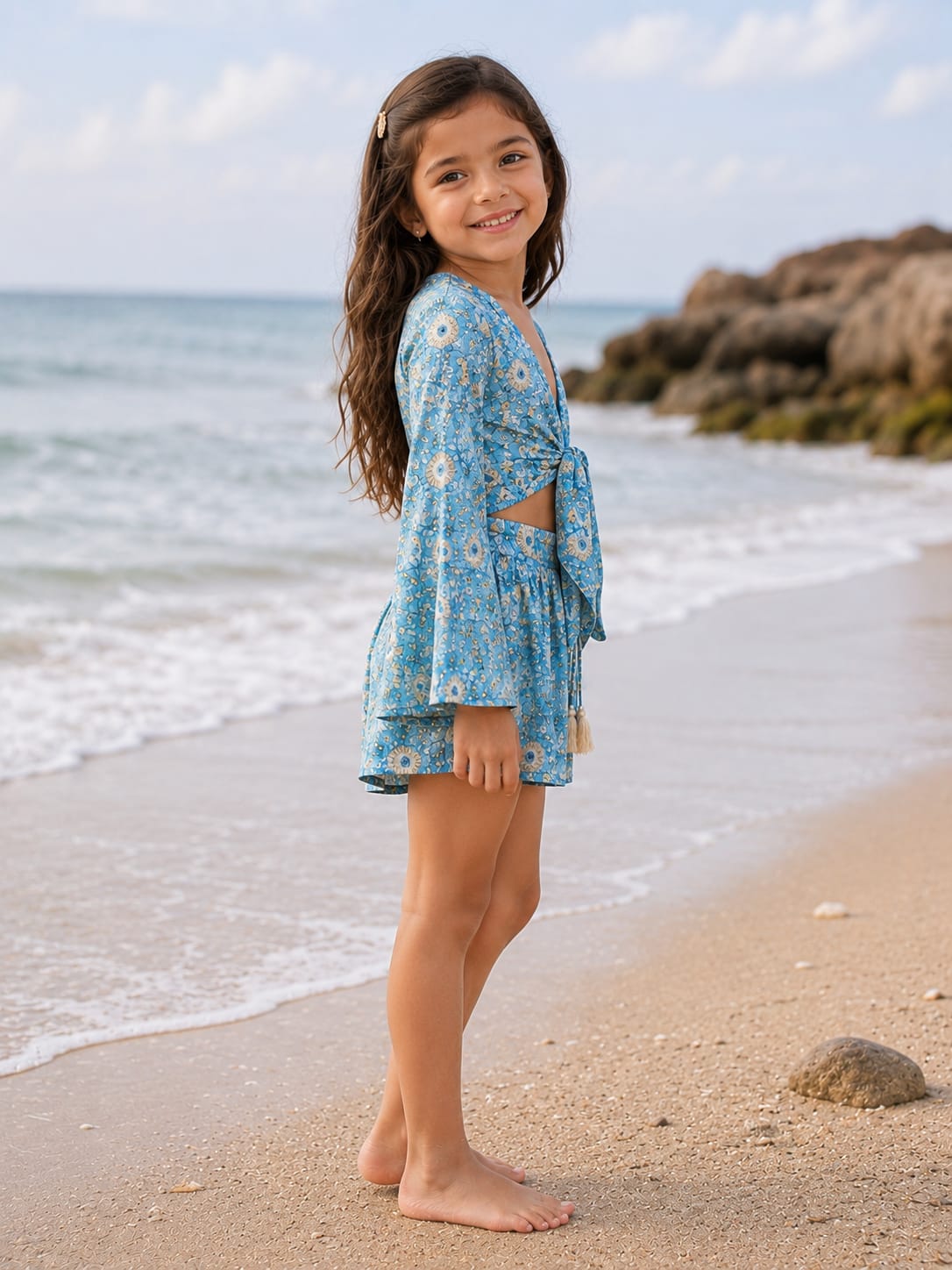 Girl’s Sky Blue Floral Printed Cotton Beach Wear Set with Bell Sleeve Tie-Up Top & Tassel Shorts