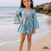 Girl’s Sky Blue Floral Printed Cotton Beach Wear Set with Bell Sleeve Tie-Up Top & Tassel Shorts