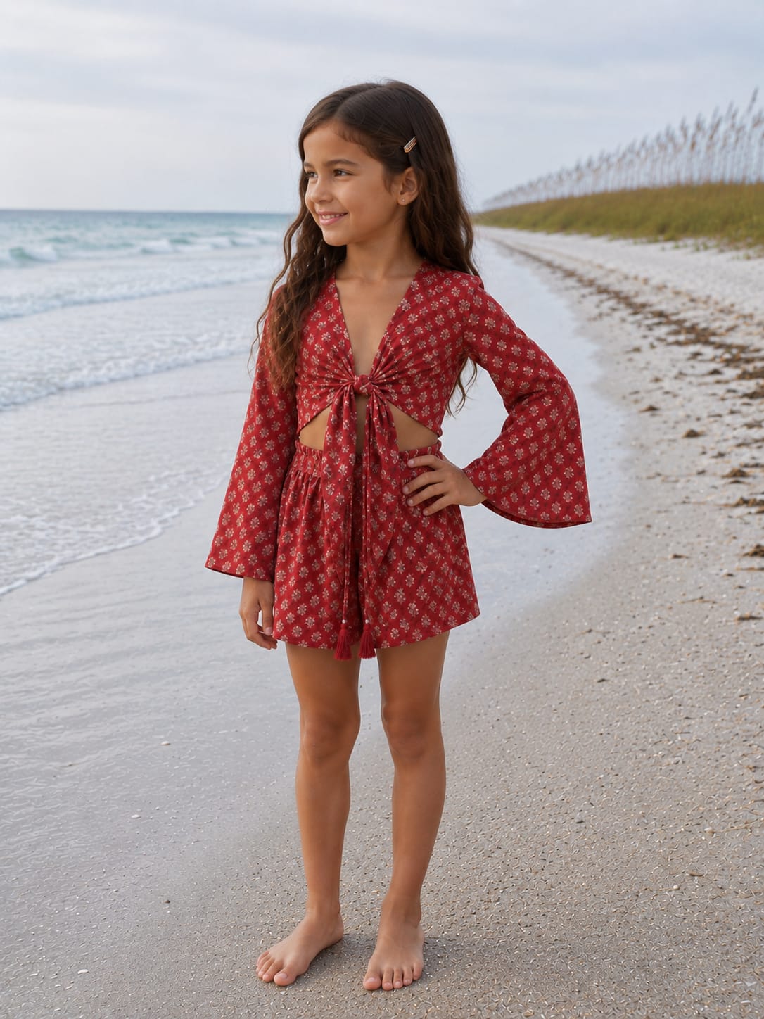 Girl’s Red Floral Printed Cotton Beach Wear Set with Bell Sleeve Tie-Up Top & Tassel Shorts
