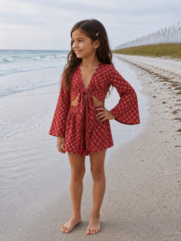 Girl’s Red Floral Printed Cotton Beach Wear Set with Bell Sleeve Tie-Up Top & Tassel Shorts
