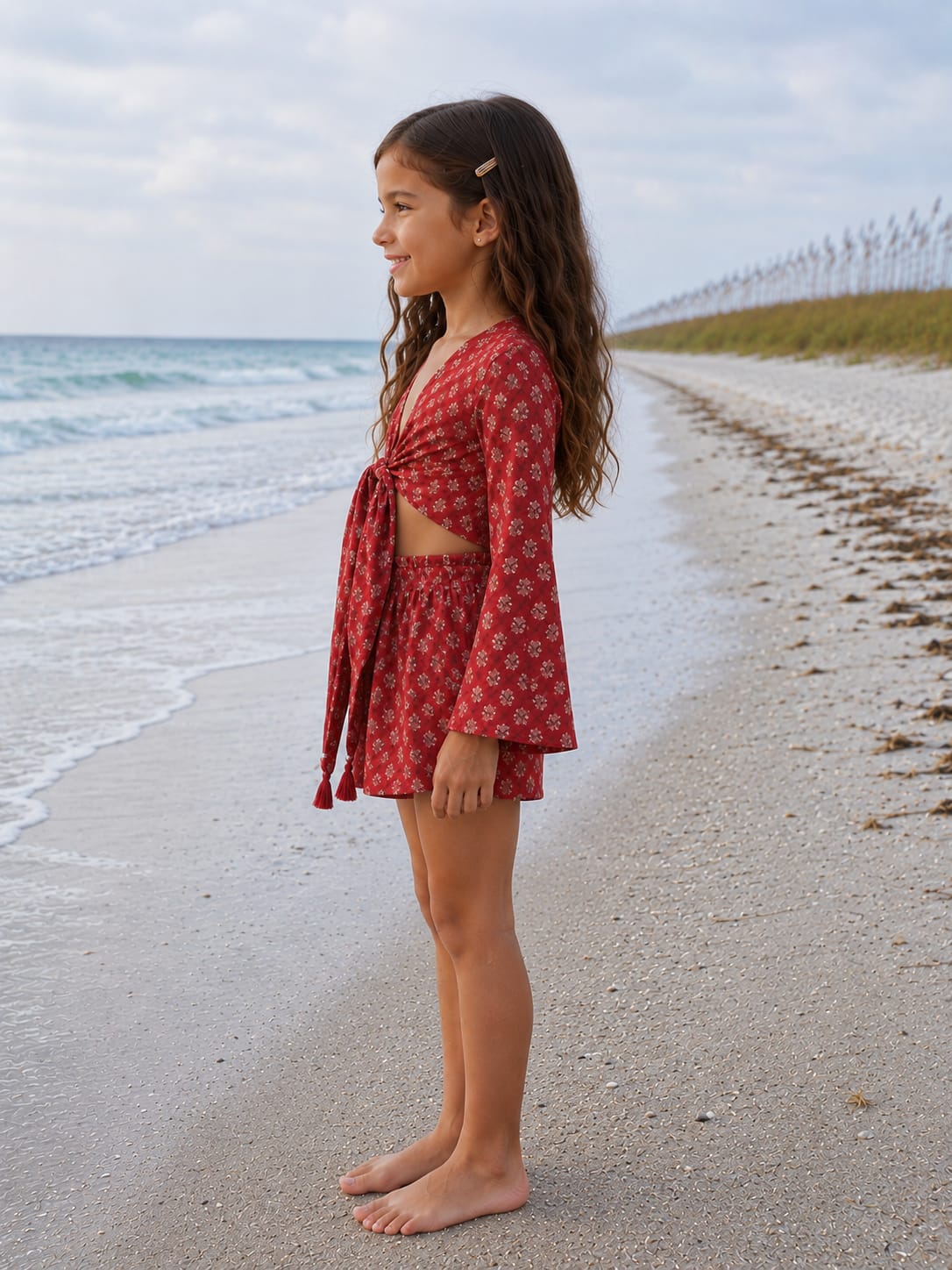 Girl’s Red Floral Printed Cotton Beach Wear Set with Bell Sleeve Tie-Up Top & Tassel Shorts