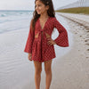 Girl’s Red Floral Printed Cotton Beach Wear Set with Bell Sleeve Tie-Up Top & Tassel Shorts
