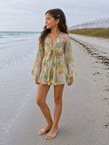 Girl’s Pastel Multicolor Floral Printed Cotton Beach Wear Set with Bell Sleeve Tie-Up Top & Tassel Shorts