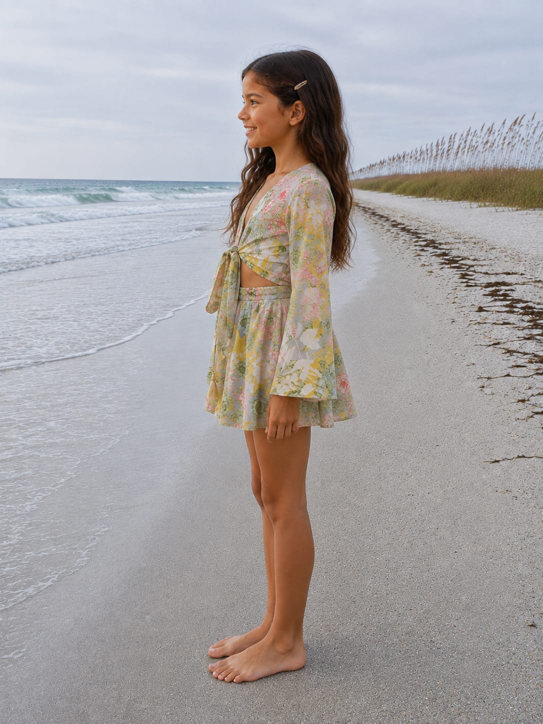 Girl’s Pastel Multicolor Floral Printed Cotton Beach Wear Set with Bell Sleeve Tie-Up Top & Tassel Shorts