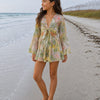 Girl’s Pastel Multicolor Floral Printed Cotton Beach Wear Set with Bell Sleeve Tie-Up Top & Tassel Shorts