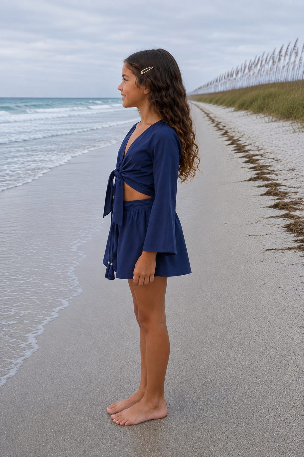 Girl’s Navy Blue Solid Cotton Beach Wear Set with Bell Sleeve Tie-Up Top & Tassel Shorts