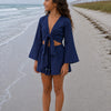 Girl’s Navy Blue Solid Cotton Beach Wear Set with Bell Sleeve Tie-Up Top & Tassel Shorts