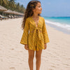 Girl’s Mustard Yellow Striped Printed Cotton Beach Wear Set with Bell Sleeve Tie-Up Top & Tassel Shorts