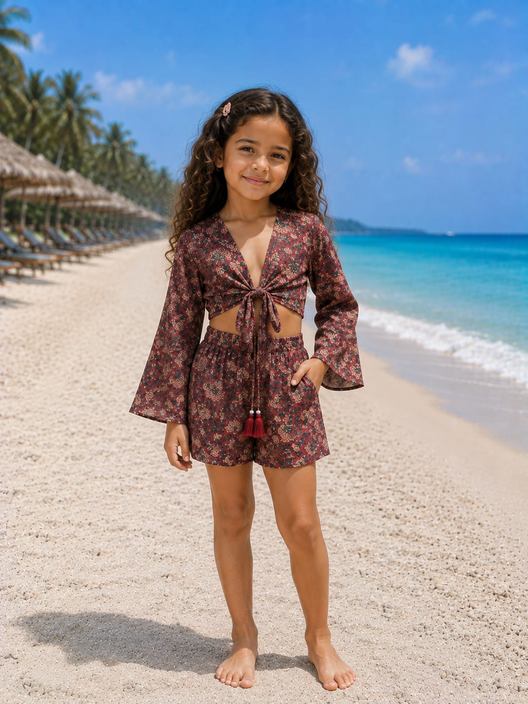 Girl’s Maroon Floral Printed Cotton Beach Wear Set with Bell Sleeve Tie-Up Top & Tassel Shorts