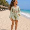 Girl’s Pastel Green Floral Printed Cotton Beach Wear Set with Bell Sleeve Tie-Up Top & Tassel Shorts