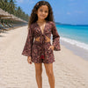 Girl’s Maroon Floral Printed Cotton Beach Wear Set with Bell Sleeve Tie-Up Top & Tassel Shorts
