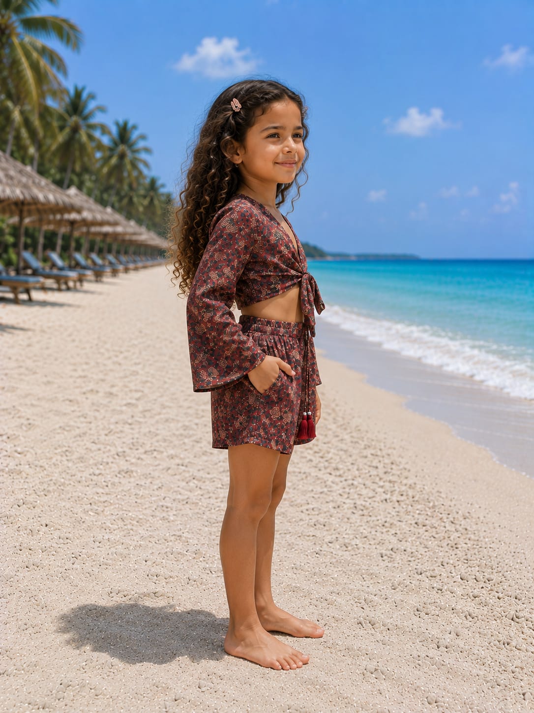 Girl’s Maroon Floral Printed Cotton Beach Wear Set with Bell Sleeve Tie-Up Top & Tassel Shorts