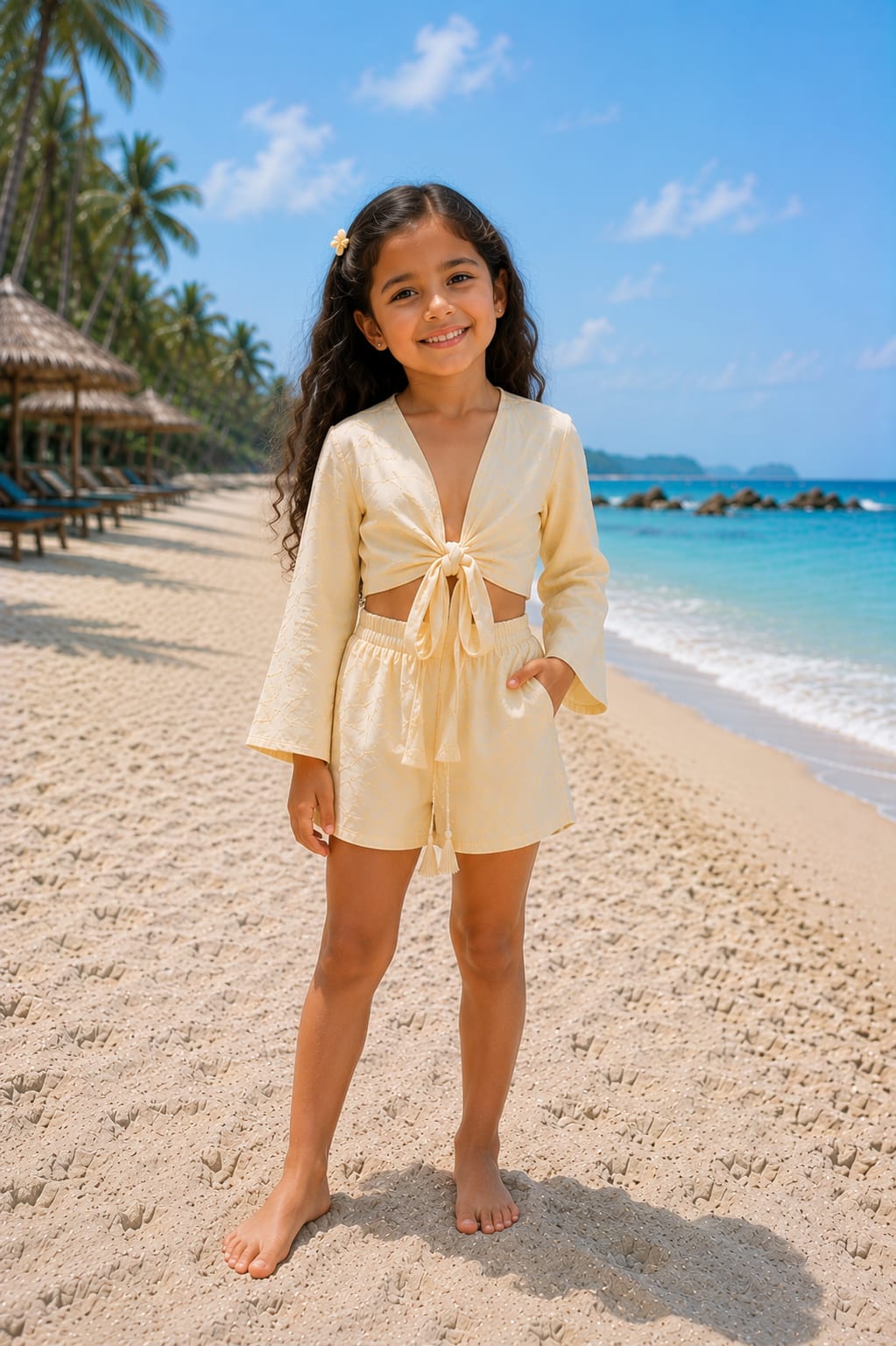 Girl’s Cream Solid Cotton Beach Wear Set with Bell Sleeve Tie-Up Top & Tassel Shorts