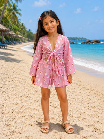 Girl’s Pink Geometric Printed Cotton Beach Wear Set with Bell Sleeve Tie-Up Top & Tassel Shorts
