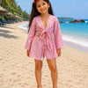 Girl’s Pink Geometric Printed Cotton Beach Wear Set with Bell Sleeve Tie-Up Top & Tassel Shorts