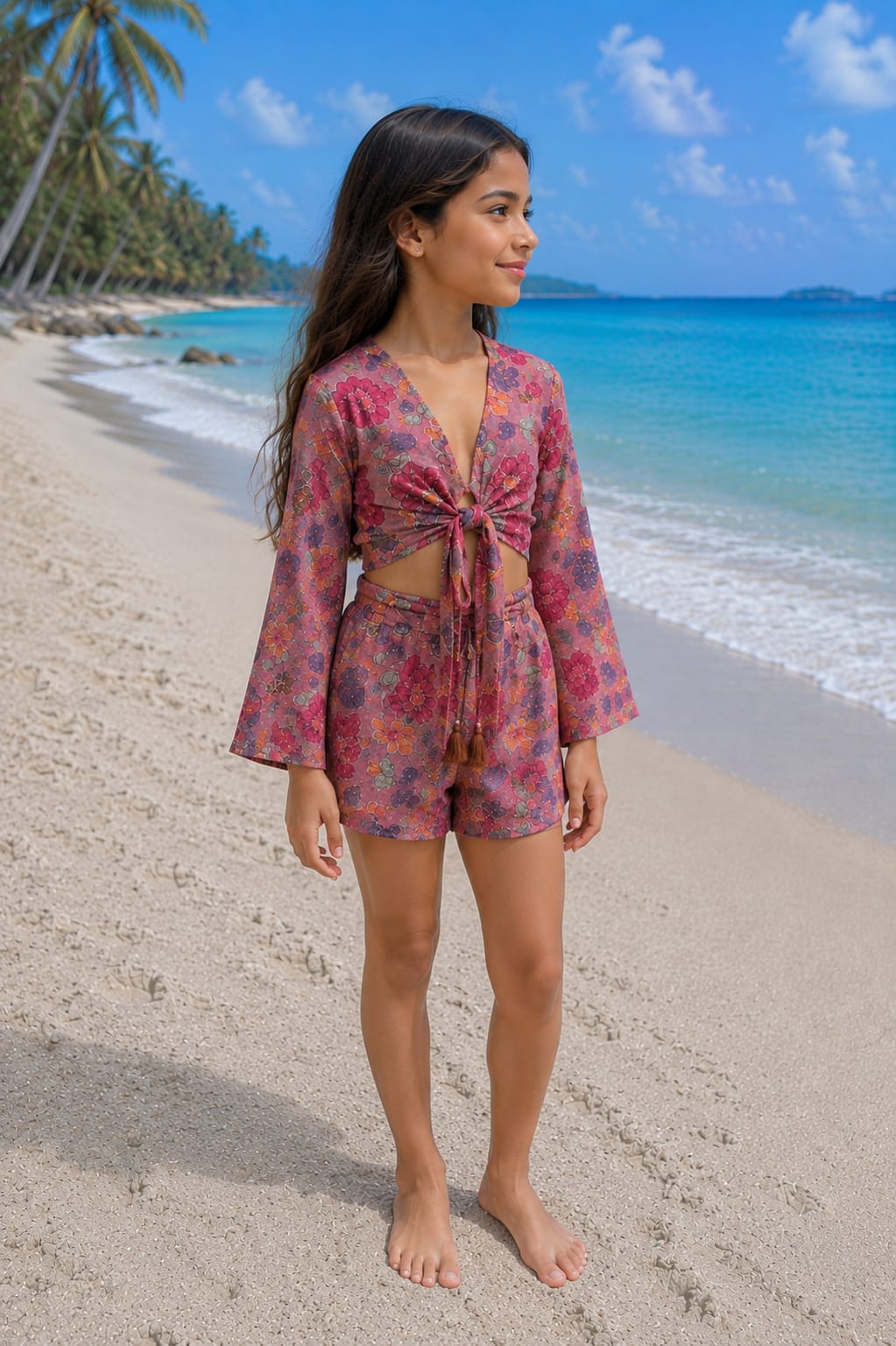 Girl’s Pink Multicolor Floral Printed Cotton Beach Wear Set with Bell Sleeve Tie-Up Top & Tassel Shorts