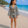 Girl’s Black & White Geometric Printed Cotton Beach Wear Set with Bell Sleeve Tie-Up Top & Tassel Shorts