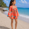 Girl’s Coral Orange Tropical Printed Cotton Beach Wear Set with Bell Sleeve Tie-Up Top & Tassel Shorts