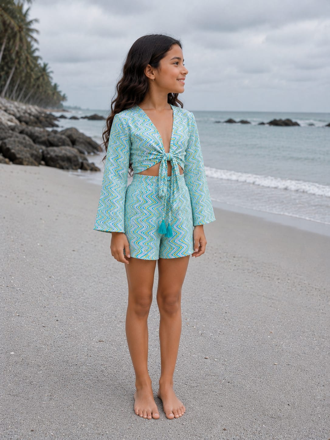 Girl’s Aqua Blue Zigzag Printed Cotton Beach Wear Set with Bell Sleeve Tie-Up Top & Tassel Shorts