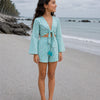 Girl’s Aqua Blue Zigzag Printed Cotton Beach Wear Set with Bell Sleeve Tie-Up Top & Tassel Shorts