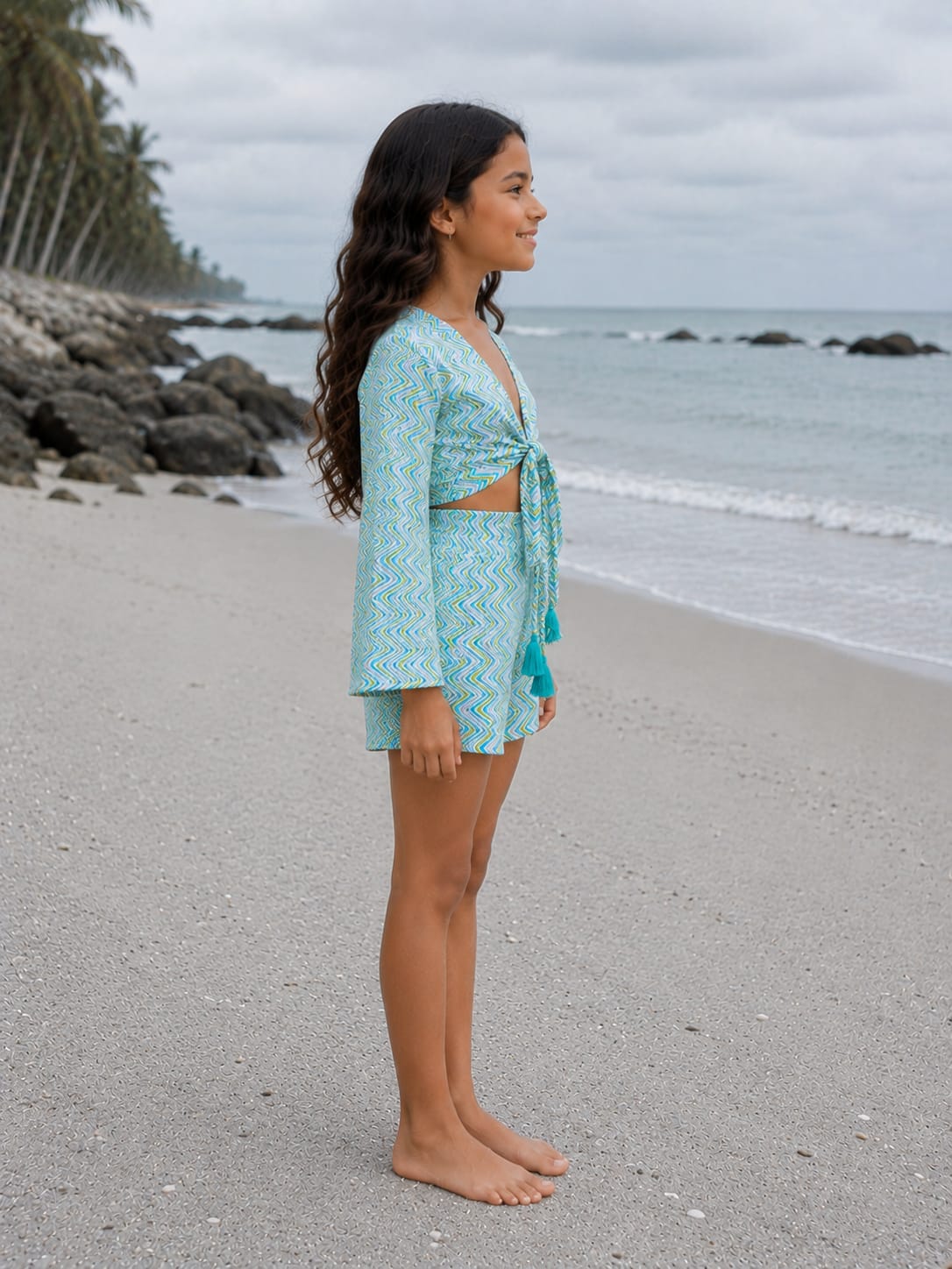 Girl’s Aqua Blue Zigzag Printed Cotton Beach Wear Set with Bell Sleeve Tie-Up Top & Tassel Shorts