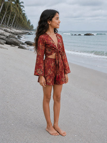 Girl’s Deep Red Ethnic Printed Cotton Beach Wear Set with Bell Sleeve Tie-Up Top & Tassel Shorts