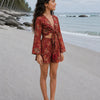 Girl’s Deep Red Ethnic Printed Cotton Beach Wear Set with Bell Sleeve Tie-Up Top & Tassel Shorts