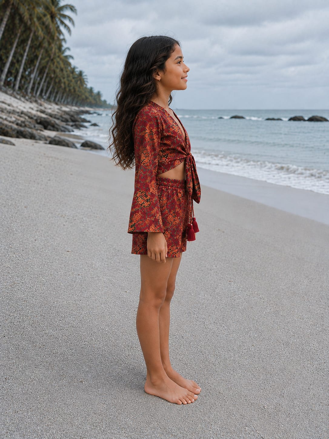 Girl’s Deep Red Ethnic Printed Cotton Beach Wear Set with Bell Sleeve Tie-Up Top & Tassel Shorts