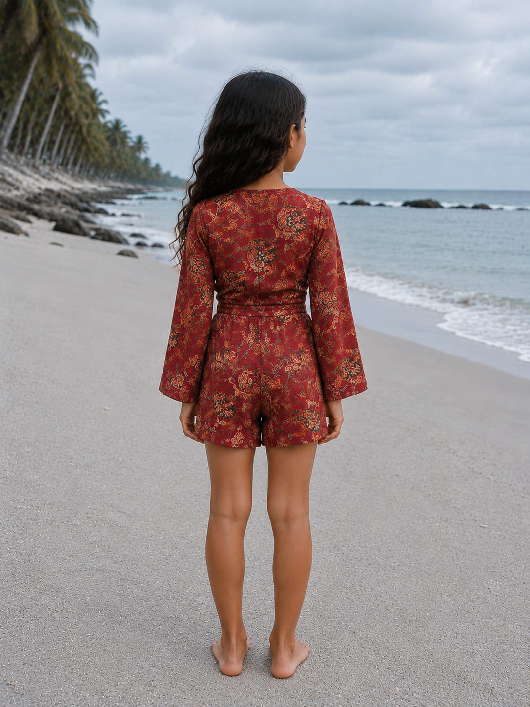 Girl’s Deep Red Ethnic Printed Cotton Beach Wear Set with Bell Sleeve Tie-Up Top & Tassel Shorts