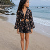 Girl’s Black Floral Printed Cotton Beach Wear Set with Bell Sleeve Tie-Up Top & Tassel Shorts