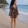 Girl’s Chocolate Brown Solid Cotton Beach Wear Set with Bell Sleeve Tie-Up Top & Tassel Shorts