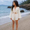 Girl’s Ivory White Solid Cotton Beach Wear Set with Bell Sleeve Tie-Up Top & Tassel Shorts