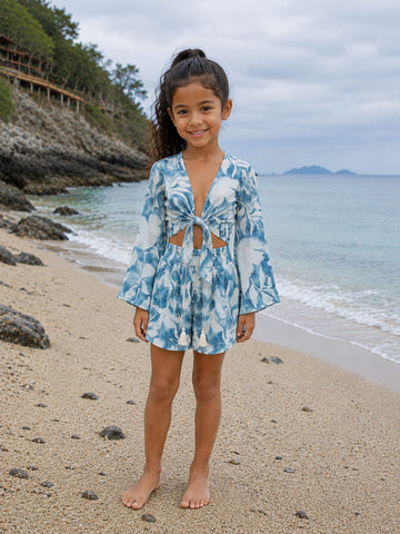 Girl’s Sky Blue Floral Printed Cotton Beach Wear Set with Bell Sleeve Tie-Up Top & Tassel Shorts