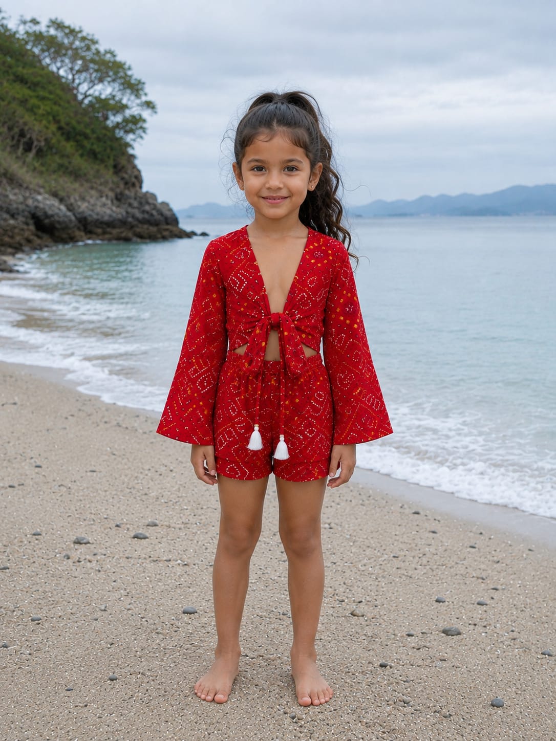 Girl’s Red Bandhani Printed Cotton Beach Wear Set with Bell Sleeve Tie-Up Top & Tassel Shorts