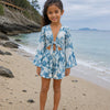 Girl’s Sky Blue Floral Printed Cotton Beach Wear Set with Bell Sleeve Tie-Up Top & Tassel Shorts