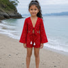 Girl’s Red Bandhani Printed Cotton Beach Wear Set with Bell Sleeve Tie-Up Top & Tassel Shorts