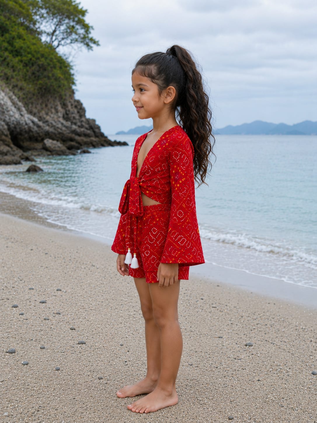 Girl’s Red Bandhani Printed Cotton Beach Wear Set with Bell Sleeve Tie-Up Top & Tassel Shorts