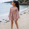 Girl’s Blush Pink Floral Printed Cotton Beach Wear Set with Bell Sleeve Tie-Up Top & Tassel Shorts