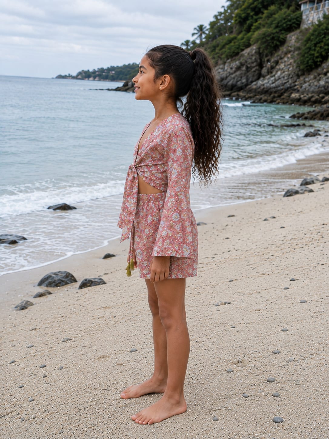 Girl’s Blush Pink Floral Printed Cotton Beach Wear Set with Bell Sleeve Tie-Up Top & Tassel Shorts