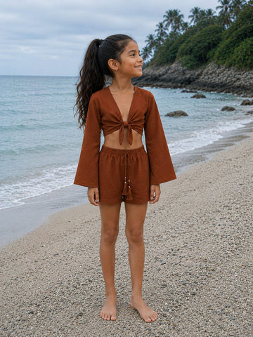 Girl’s Rust Brown Solid Cotton Beach Wear Set with Bell Sleeve Tie-Up Top & Tassel Shorts
