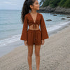 Girl’s Rust Brown Solid Cotton Beach Wear Set with Bell Sleeve Tie-Up Top & Tassel Shorts
