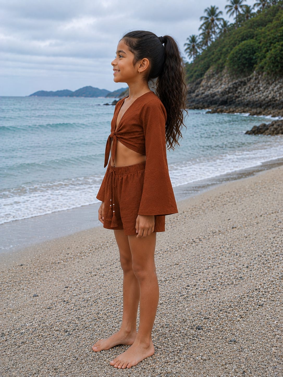 Girl’s Rust Brown Solid Cotton Beach Wear Set with Bell Sleeve Tie-Up Top & Tassel Shorts