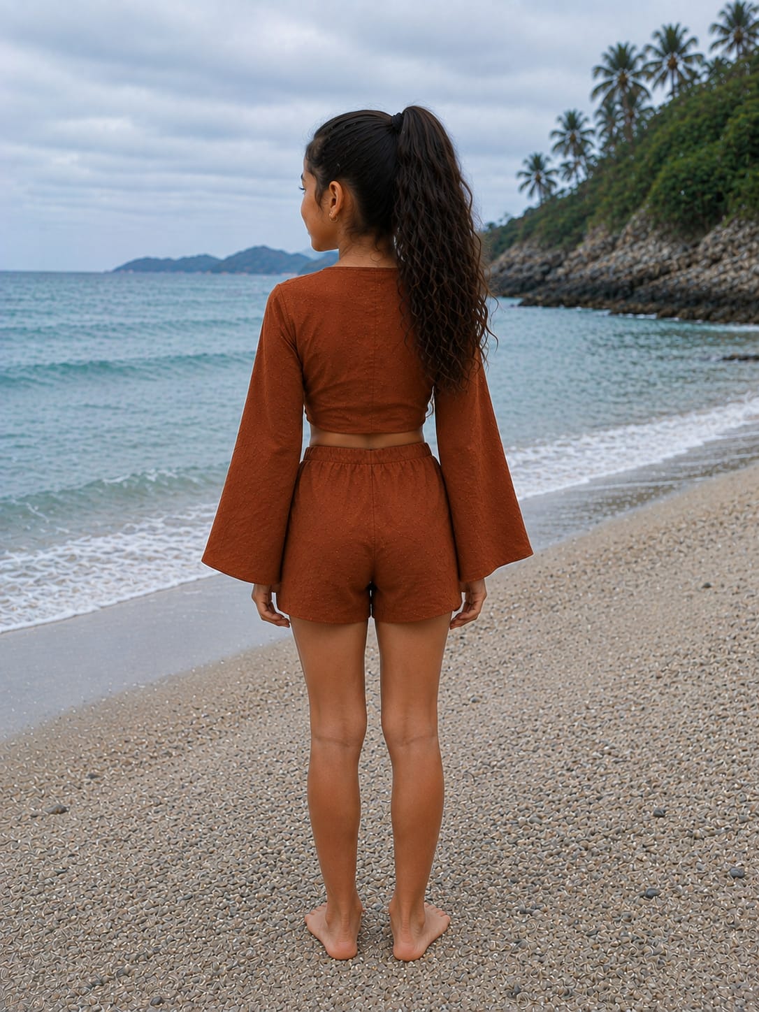 Girl’s Rust Brown Solid Cotton Beach Wear Set with Bell Sleeve Tie-Up Top & Tassel Shorts